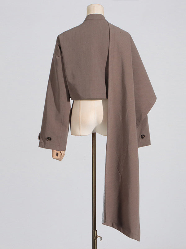 Long Sleeves Loose Asymmetric Buttoned Pockets Solid Color Stand Collar Blazer Outerwear