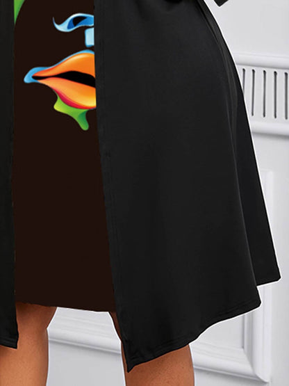 A-Line False Two Buttoned Contrast Color Human Pattern Print Split-Joint Square-Neck Midi Dresses