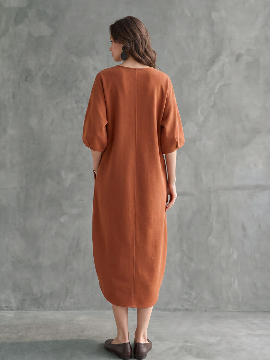 Solid Color Pockets Three-quarter Sleeves Loose Round-neck Midi Dresses