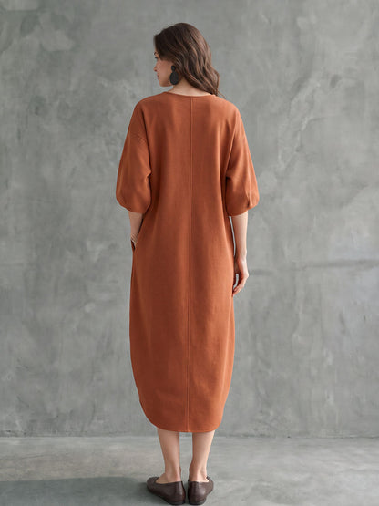 Solid Color Pockets Three-quarter Sleeves Loose Round-neck Midi Dresses
