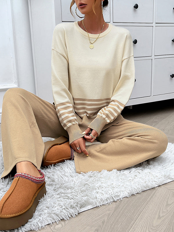 Long Sleeves Loose Contrast Color Split-Side Striped Round-Neck Sweater Top + Pants Bottom Two Pieces Set