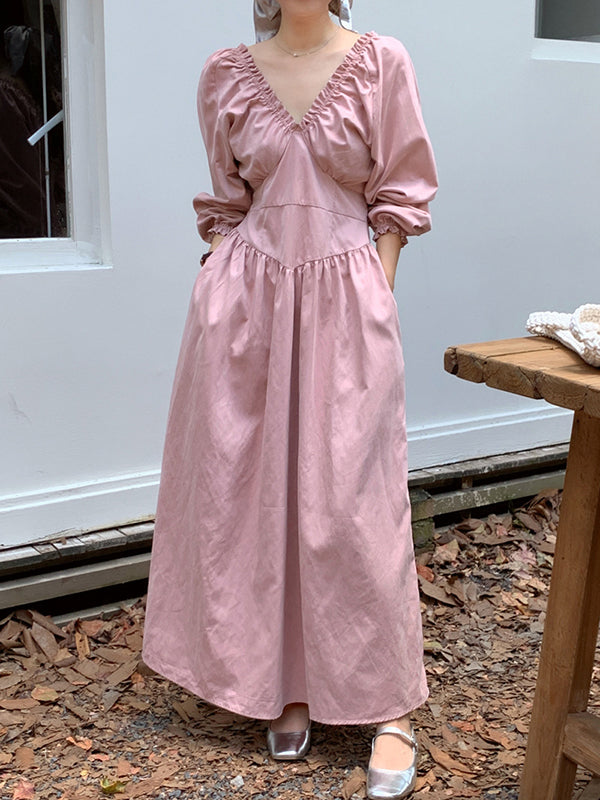 Bishop Sleeve Long Sleeves Elasticity Pleated Ruffled Solid Color Split-Joint Deep V-Neck Midi Dresses