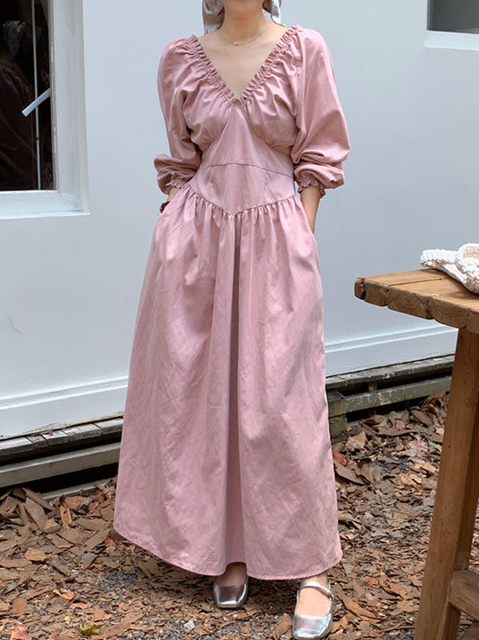 Bishop Sleeve Long Sleeves Elasticity Pleated Ruffled Solid Color Split-Joint Deep V-Neck Midi Dresses