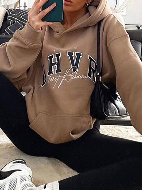 Long Sleeves Loose Keep Warm Letter Print Velvet Hooded Hoodies Tops