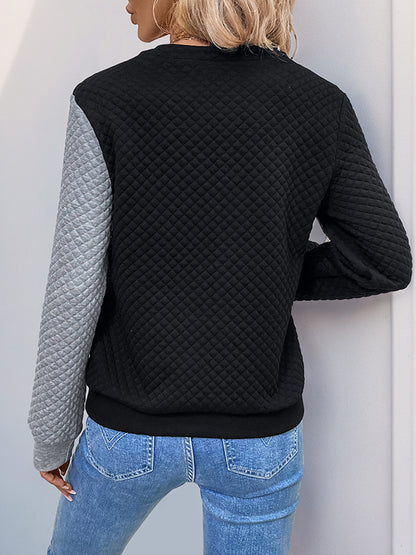 Long Sleeves Loose Buttoned Contrast Color Split-Joint V-Neck Sweatshirt Tops
