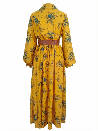 A-Line Elasticated Waist Belted Buttoned Contrast Color Flower Print Pleated Split-Joint Lapel Maxi Dresses Shirt Dress