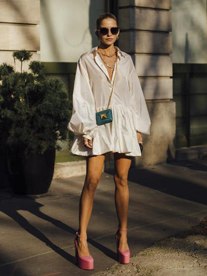 Puff Sleeves Buttoned Solid Color Split-Joint Lapel Mini Dresses Shirt Dress