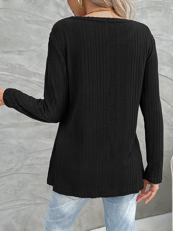 Long Sleeves Loose Buttoned Split-Front Split-Joint Round-Neck T-Shirts Tops