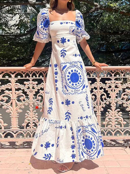A-Line High Waisted Contrast Color Pleated Printed Ruffled Split-Joint Square-Neck Midi Dresses