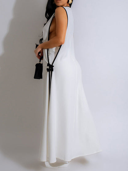 Sleeveless Contrast Color Split-Joint V-Neck Top + Wide Leg Pants Trousers Two Pieces Set