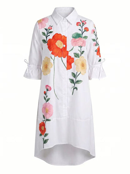 A-Line Half Sleeves Buttoned Flower Print Pockets Split-Joint Tied Lapel Midi Dresses