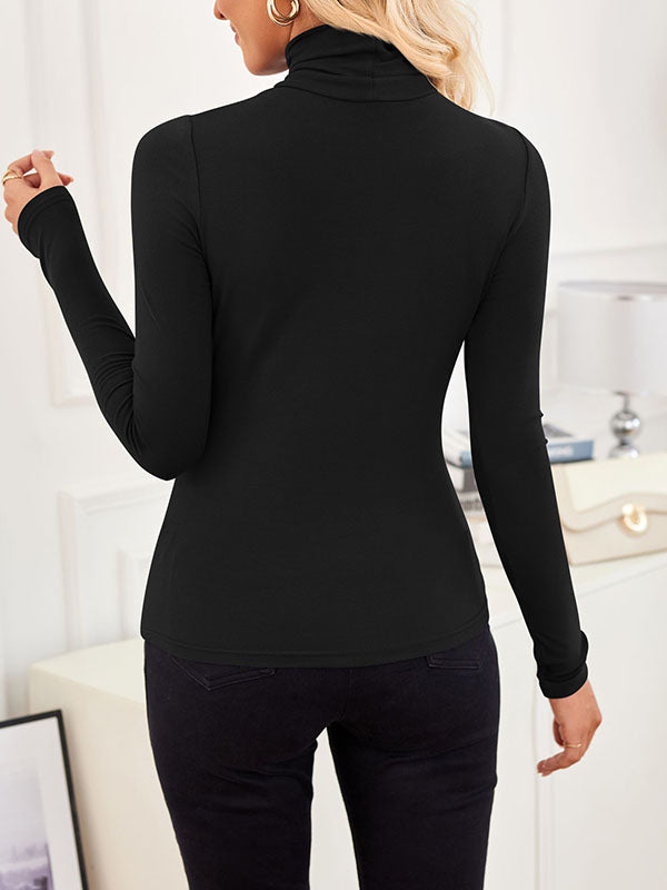 Long Sleeves Skinny Solid Color Split-Joint High Neck T-Shirts