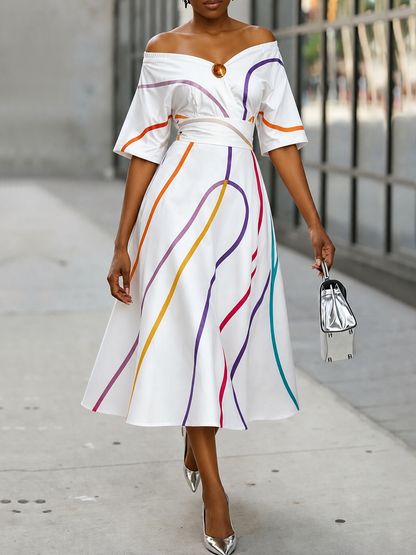 Half Sleeves High Waisted Elasticity Printed Off-The-Shoulder Midi Dresses