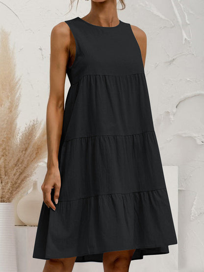 A-Line Loose Pleated Solid Color Tiered Round-Neck Mini Dresses
