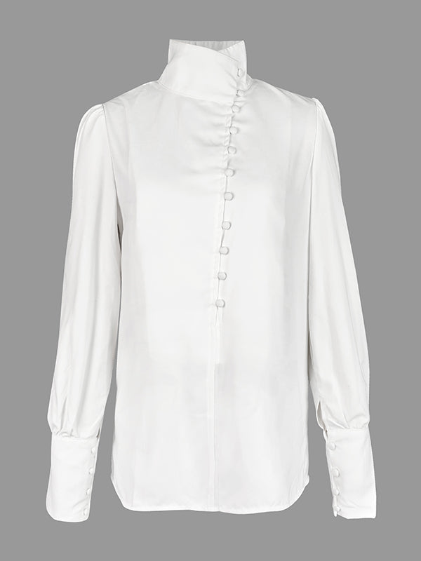 Long Sleeves Loose Solid Color Split-Joint High-Neck Blouses