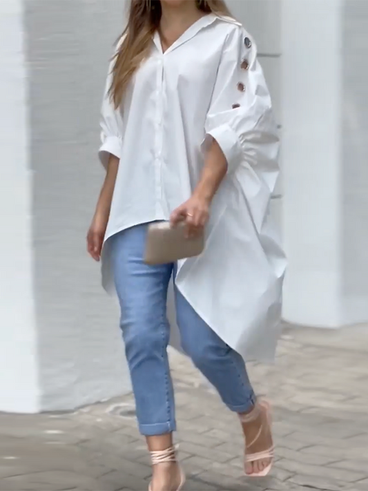 Loose Puff Sleeves High-Waisted Hollow Solid Color Lapel Collar Blouses&Shirts Tops