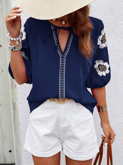 Half Sleeves Loose Contrast Color Embroidered Tied V-Neck Blouses&Shirts Tops