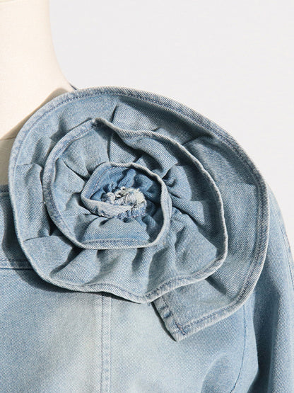 Long Sleeves Loose Buckle Three-Dimensional Flower Round-Neck Denim Jackets Outerwear