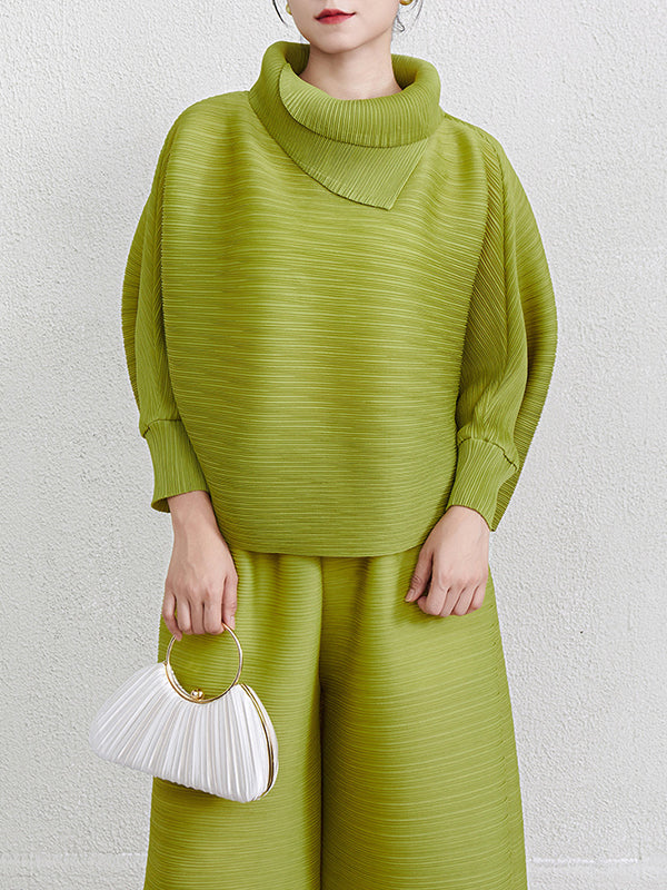 Batwing Sleeves Loose Pleated Solid Color Mock Neck Blouses&Shirts Tops