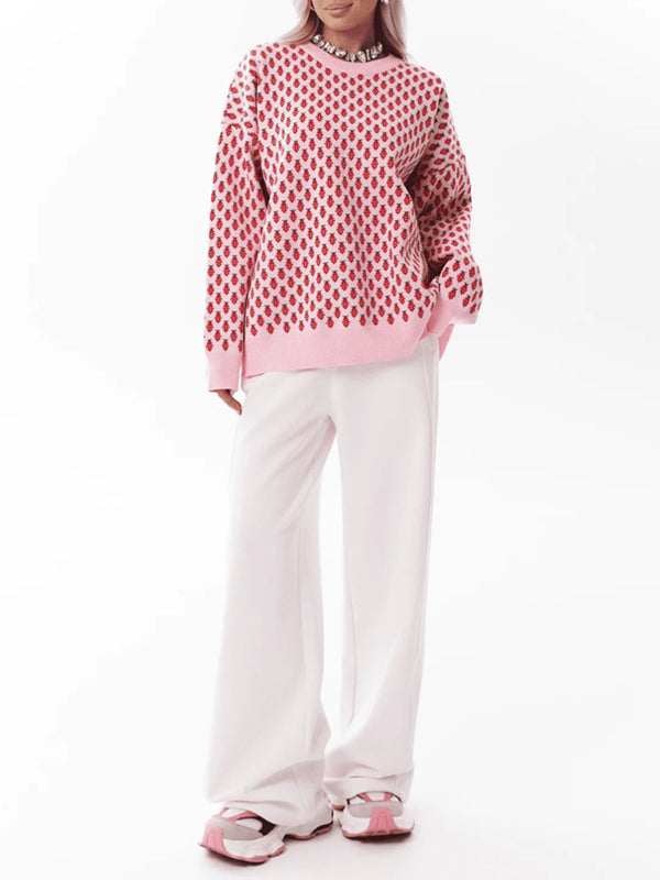 Long Sleeves Loose Pleated Split-Joint Round-Neck Sweater Tops