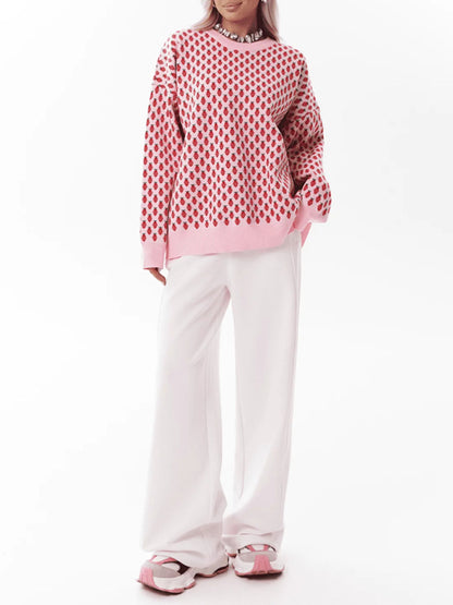 Long Sleeves Loose Pleated Split-Joint Round-Neck Sweater Tops