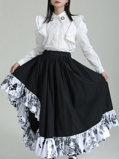High Waisted Loose Asymmetric Elasticity Pleated Printed Ruffled Split-Joint Skirts Bottoms
