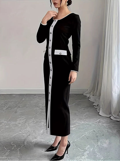 Bodycon Long Sleeves Buttoned Split-Joint Round-Neck Maxi Dresses