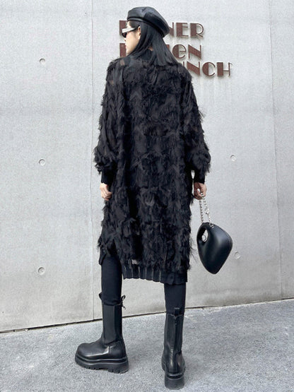 Irregularity Long Sleeves Asymmetric Mesh Pockets See-Through Solid Color Split-Joint Tasseled Stand Collar Midi Dresses