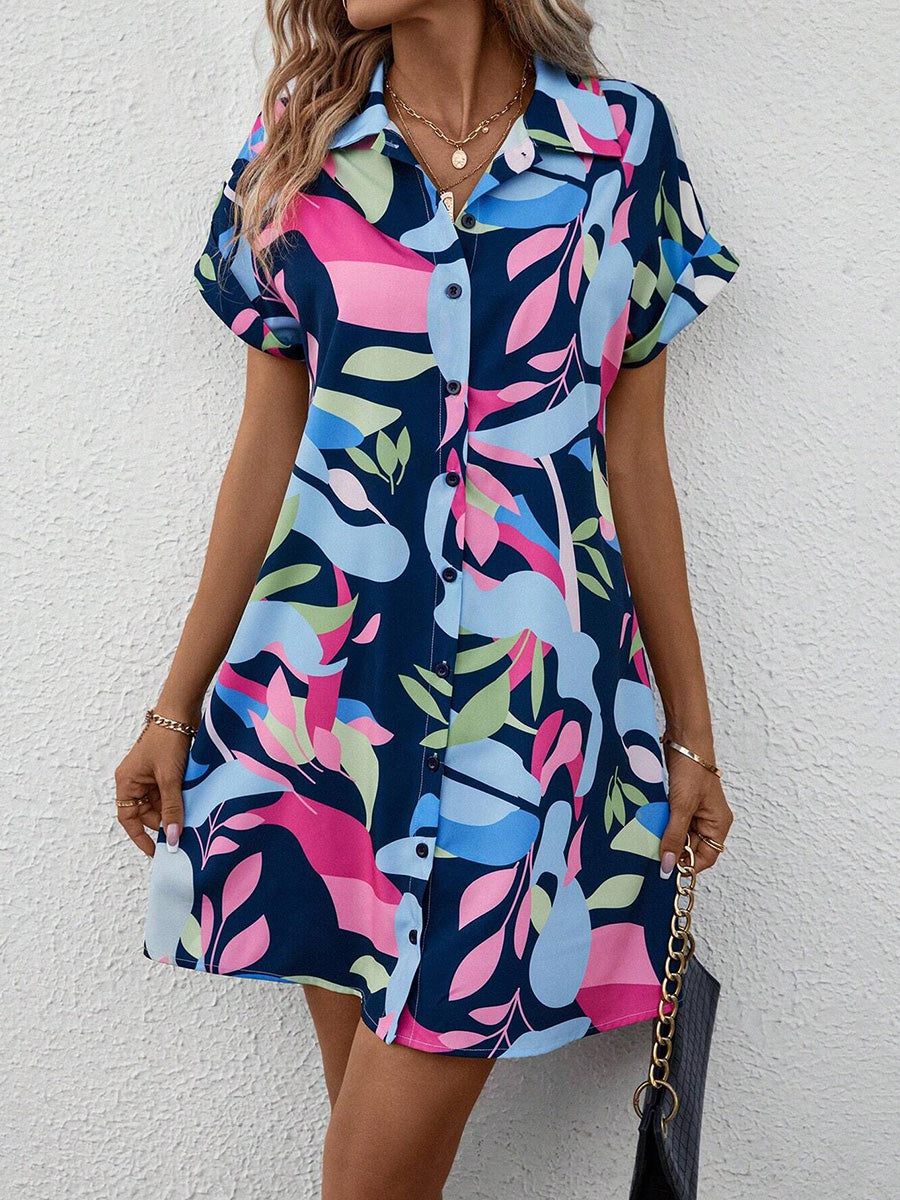 Short Sleeves Buttoned Contrast Color Printed Lapel Mini Dresses Shirt Dress