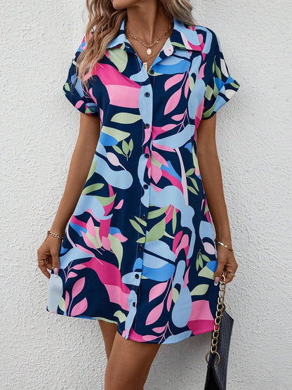 Short Sleeves Buttoned Contrast Color Printed Lapel Mini Dresses Shirt Dress