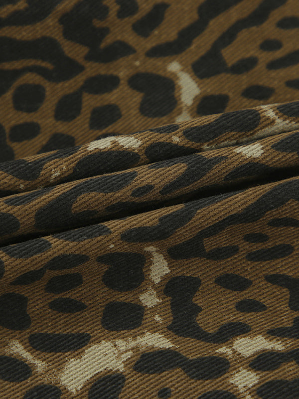 High Waisted Loose Elasticity Leopard Pockets Split-Joint Zipper Shorts Bottoms
