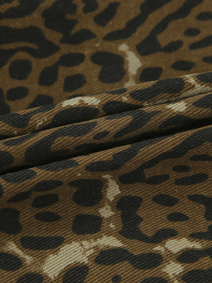 High Waisted Loose Elasticity Leopard Pockets Split-Joint Zipper Shorts Bottoms