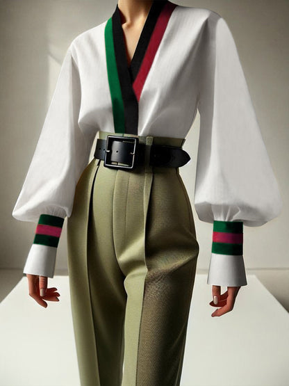 Long Sleeves Loose Contrast Color Pleated V-Neck Blouses&Shirts Tops
