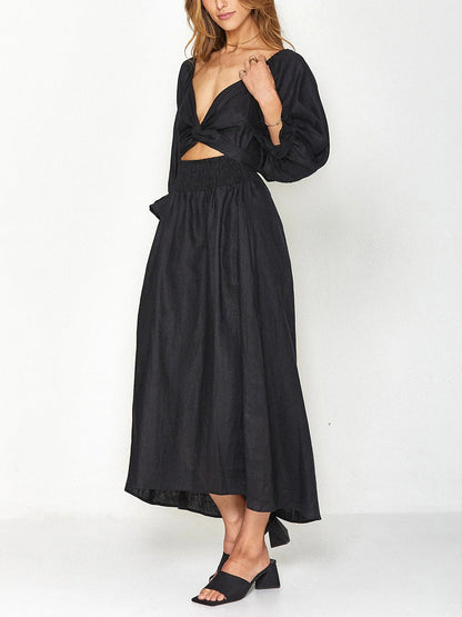 High Waisted Long Sleeves Elasticity Pleated Solid Color V-Neck Midi Dresses