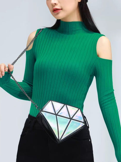 Long Sleeves Skinny Hollow Solid Color Mock Neck Knitwear Pullovers Sweater Tops