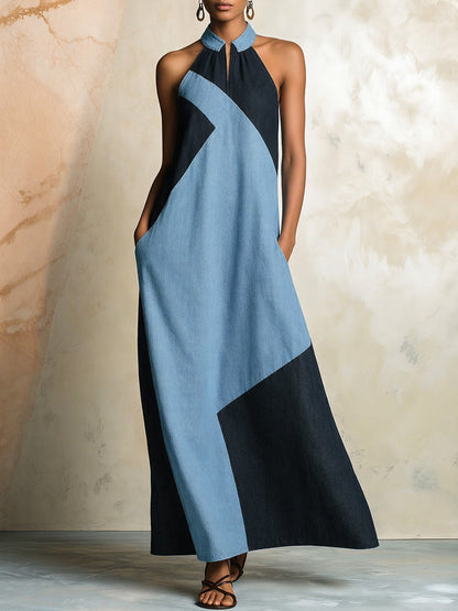 A-Line Loose Contrast Color Pockets Split-Joint Zipper Halter-Neck Maxi Dresses