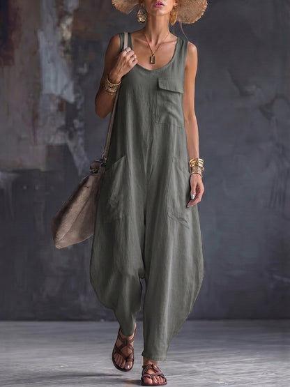 Loose Sleeveless Pockets Solid Color Square-Neck Jumpsuits