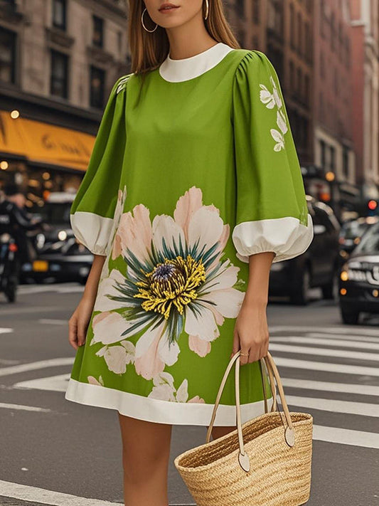 A-Line Loose Flower Print Pleated Round-Neck Mini Dresses