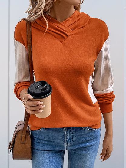 Hooded Long Sleeves Contrast Color Split-Joint Hoodies Tops