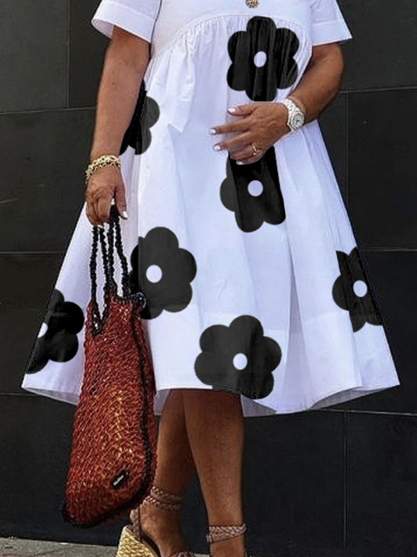 Loose Short Sleeves Flower Print V-Neck Midi Dresses