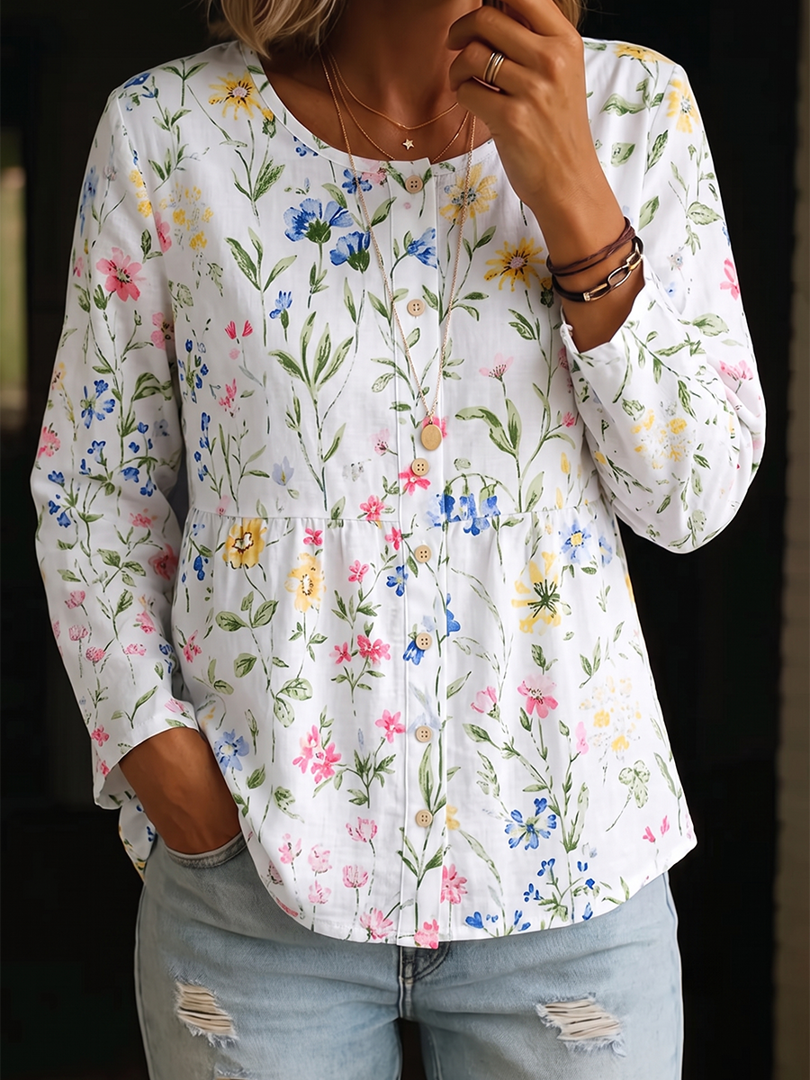 Long Sleeves Loose Buttoned Flower Print V-Neck Blouses&Shirts Tops