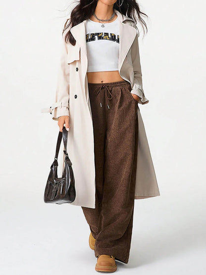 High Waisted Wide Leg Drawstring Elasticity Pockets Solid Color Pants Trousers