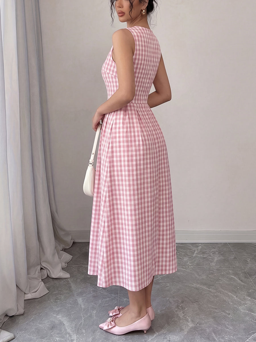 Zipper Split-Joint Plain Hollow Contrast Color Sleeveless High Waisted Round-neck Maxi Dresses