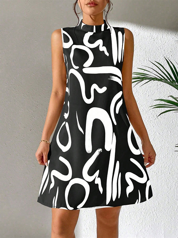 A-line Sleeveless Contrast Color Printed Mini Dresses
