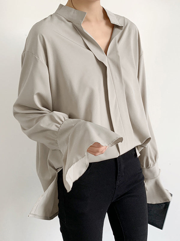 Flared Sleeves High-Low Buttoned Solid Color Split-Side V-Neck Blouses&Shirts Tops