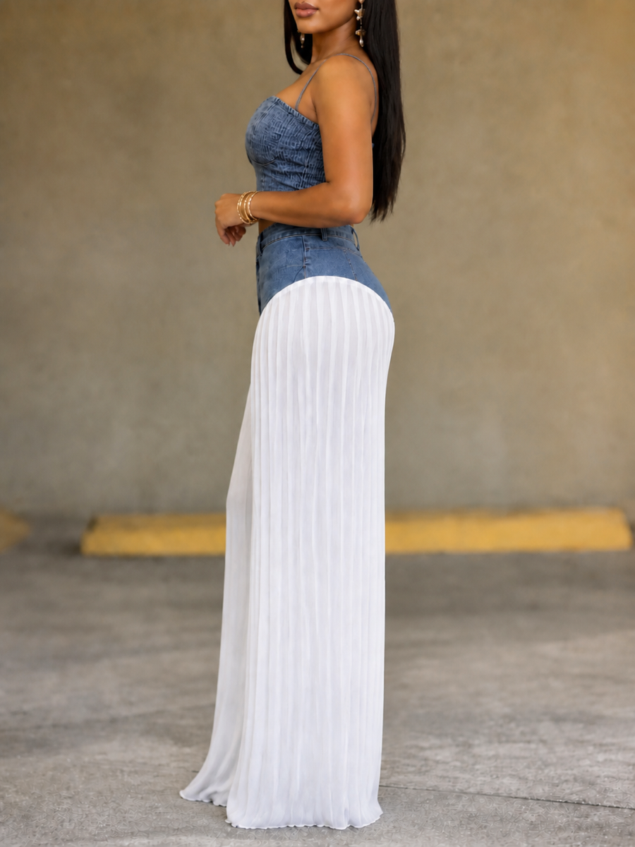 Cropped Skinny Zipper Backless Spaghetti‑Neck Camis Tops + Buttoned Zipper Pleated See‑Through Split‑Joint Trousers Bottoms Two Pieces Set