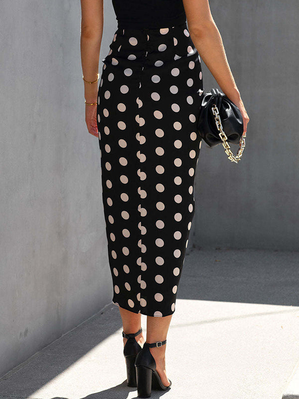 Bodycon High Waisted Drawstring Pleated Polka-Dot Split-Front Skirts Bottoms
