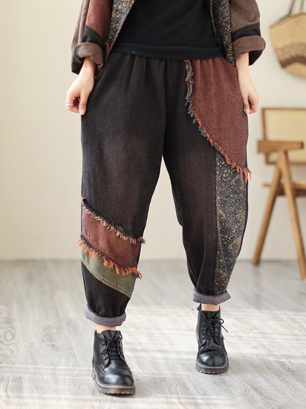 Contrast Color Fringed Split-Joint Long Sleeves Printed Outwear + Harem Pants  Two Pieces Set