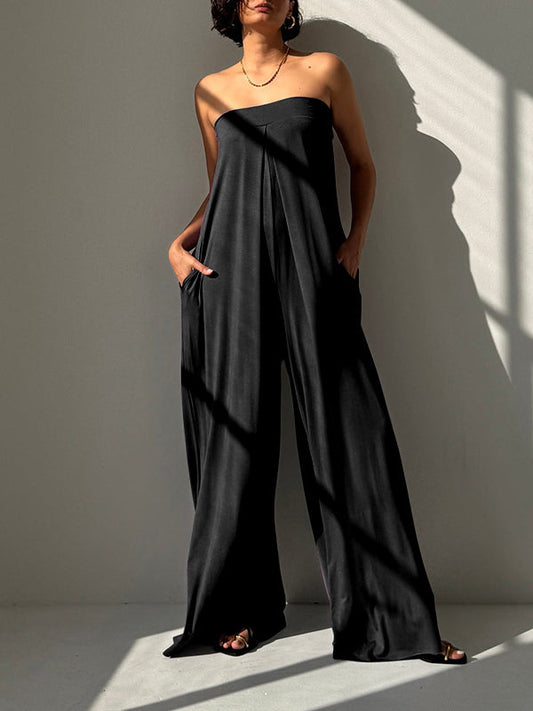Sleeveless Wide Leg Elasticity Hollow Pleated Solid Color Tube Jumpsuits