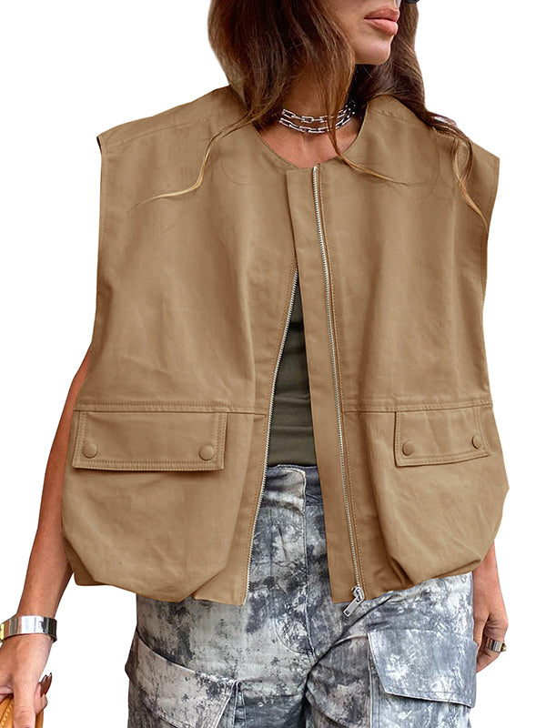 Loose Sleeveless Pockets Split-Joint Zipper Round-Neck Vest Outerwear